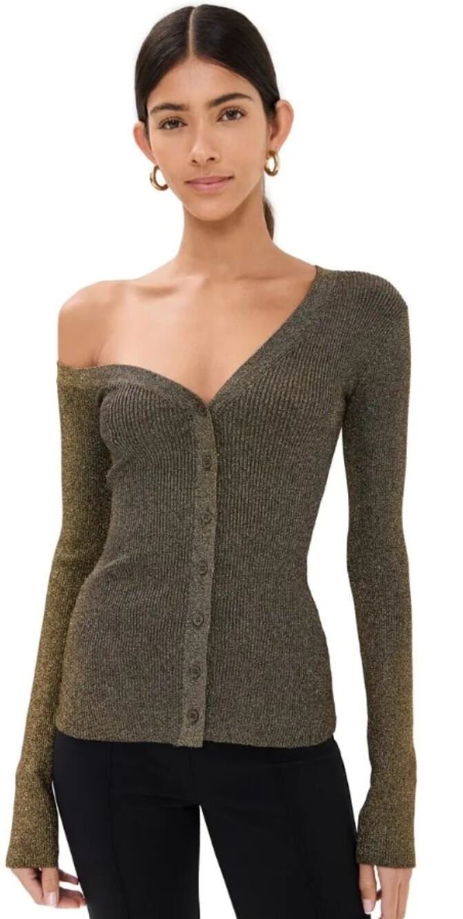 NWT Staud Women Large Craftsman Sweater Gold Metallic Cardigan Off-the-Shoulder